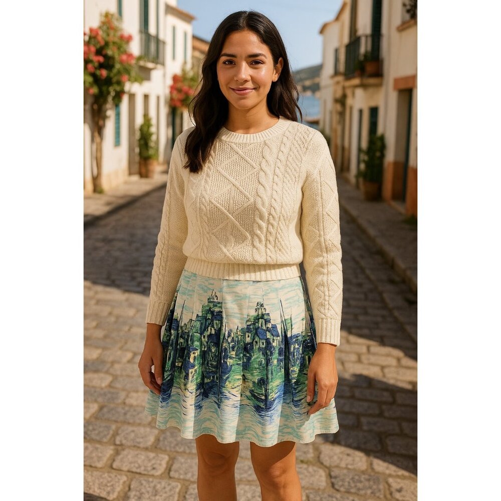 Talbots Watercolor Village Scene Skirt | Size 6 | Cotton Blend A-Line Midi